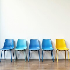 Five weathered blue chairs in a row against a white wall, blue, chairs