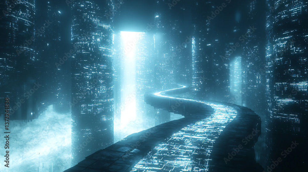 Poster stunning cityscape at night featuring glowing urban pathways and illuminated structures creating a c