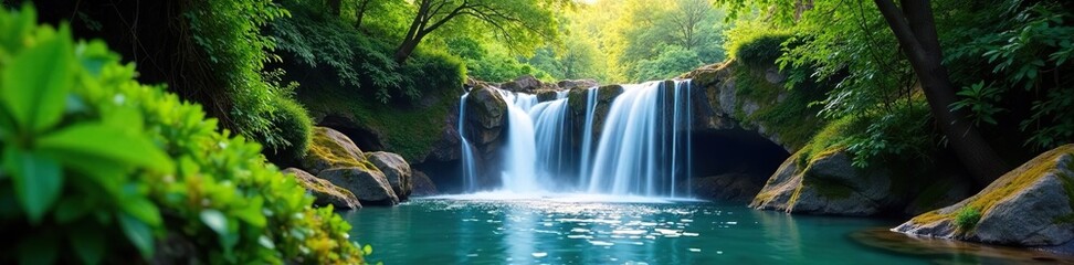 Obraz premium Serene waterfall cascades gently, embraced by lush greenery , beauty, ecosystem, woodland