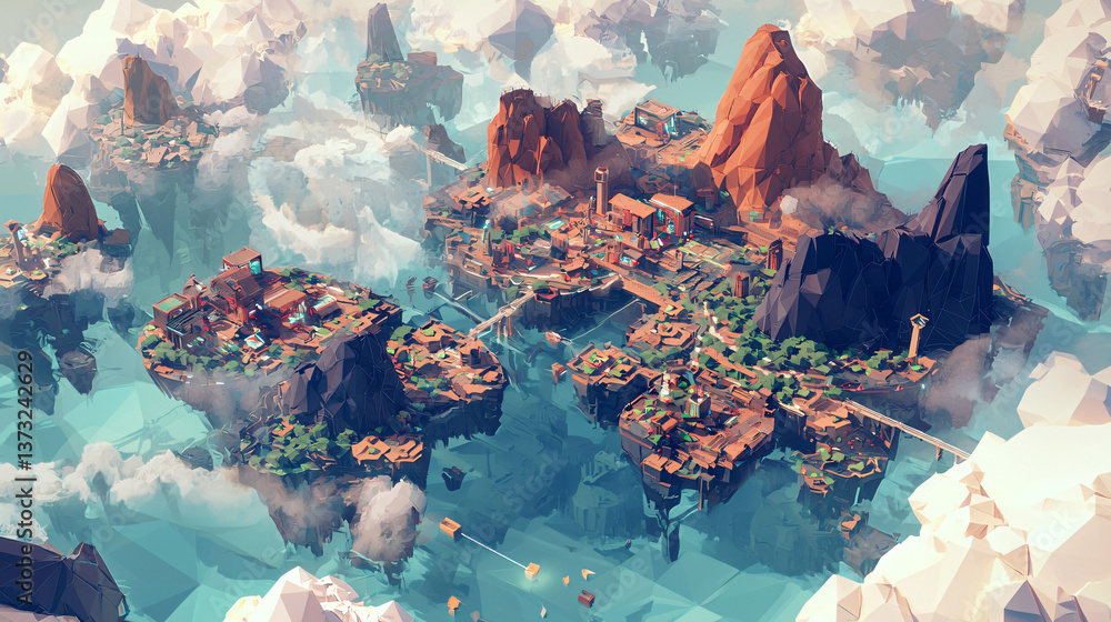 Poster A unique small town floating in the sky surrounded by atmospheric elements and hive mind communities in a sci-fi inspired environment.