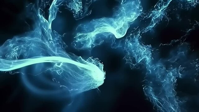 Abstract blue and turquoise fluid shapes swirling against a dark background, creating a dynamic visual effect