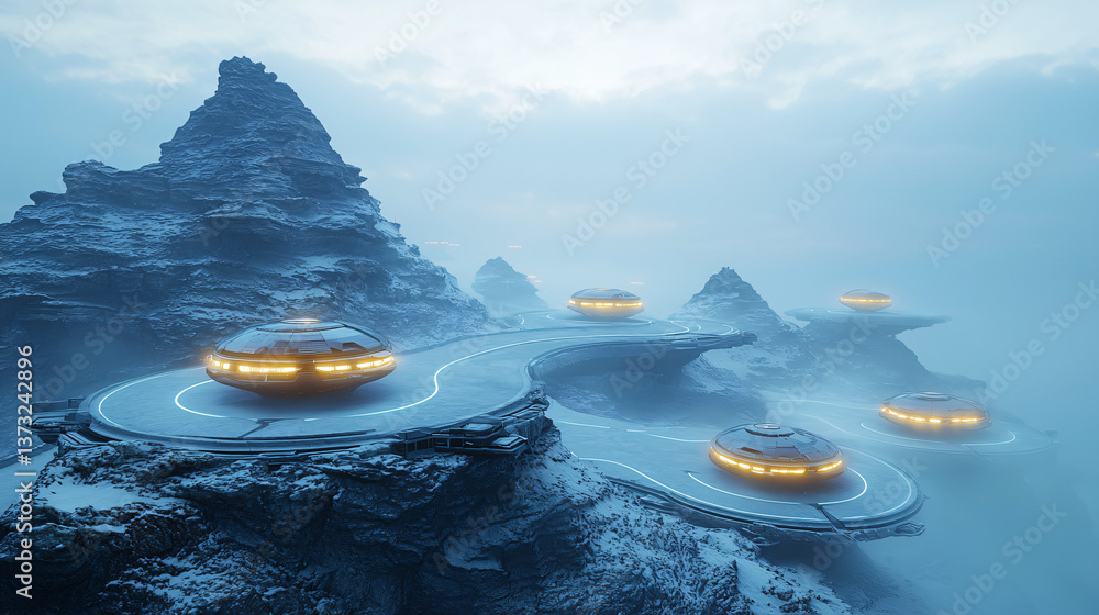 Poster a futuristic road filled with hovering cars in a sci-fi environment featuring hovercar highways and 