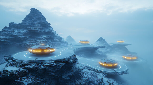A futuristic road filled with hovering cars in a sci-fi environment featuring hovercar highways and a diffused glow aesthetic.