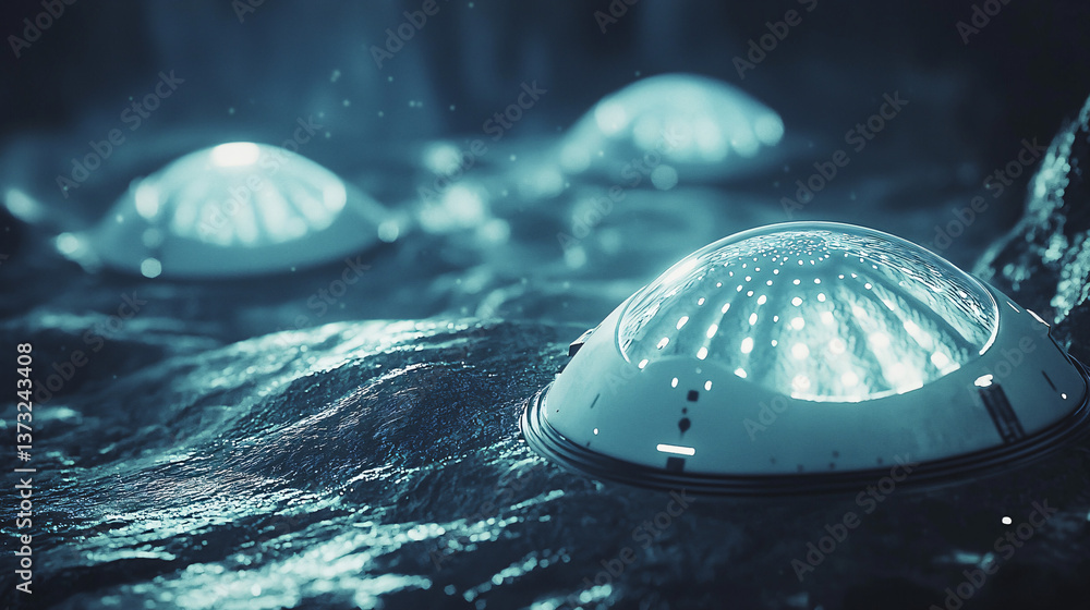 Poster mysterious white object gracefully floating in clear water within a sci-fi environment reflecting th