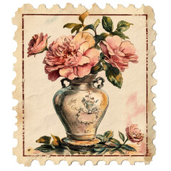 Vintage Victorian Style Post Stamp with Flower Vase Design l Antique Floral Postage Stamp Sticker l Old Texture Pink Flower Mail Stamp