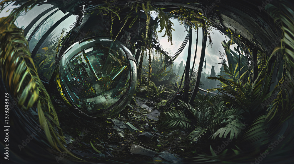 Poster mysterious forest featuring a mirror surrounded by lush vegetation and mechanical elements within a 