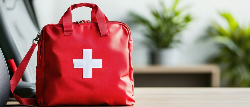 Red first-aid kit with white cross on wooden surface, indoor plants and furniture create a blurred background for health and safety concepts indoors