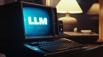 Blue glowing LLM text vintage computer monitor