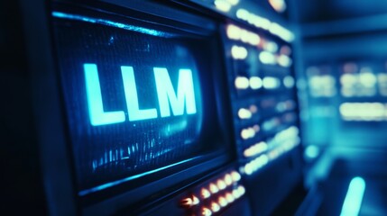 Obraz premium Blue glowing LLM text vintage computer monitor