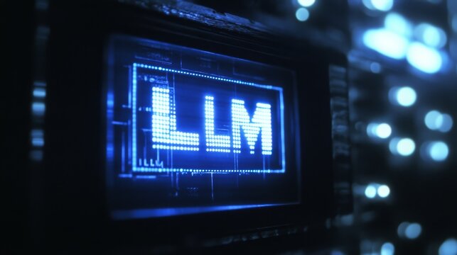 Blue glowing LLM text vintage computer monitor