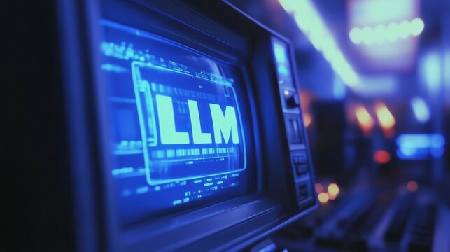 Blue glowing LLM text vintage computer monitor
