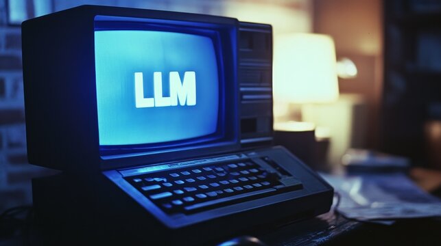 Blue glowing LLM text vintage computer monitor