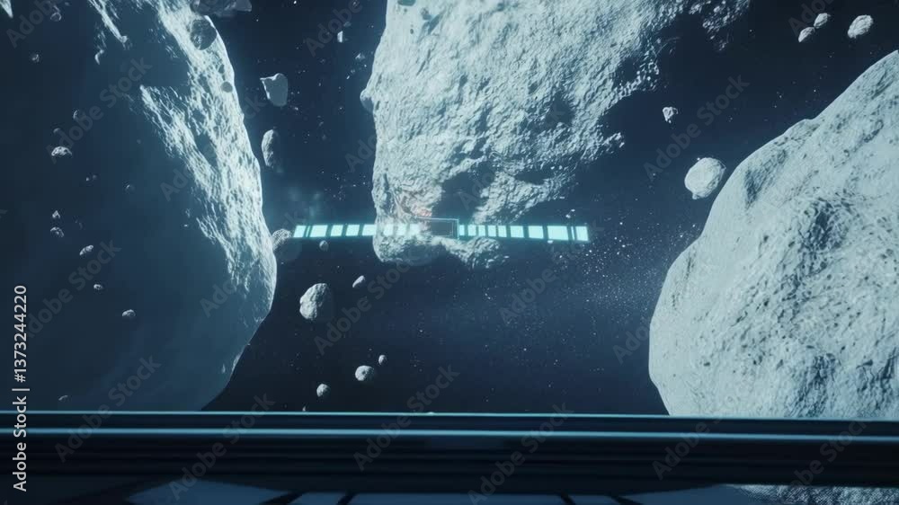 Poster futuristic spaceship cockpit navigating through dangerous asteroid field, control panel displaying f