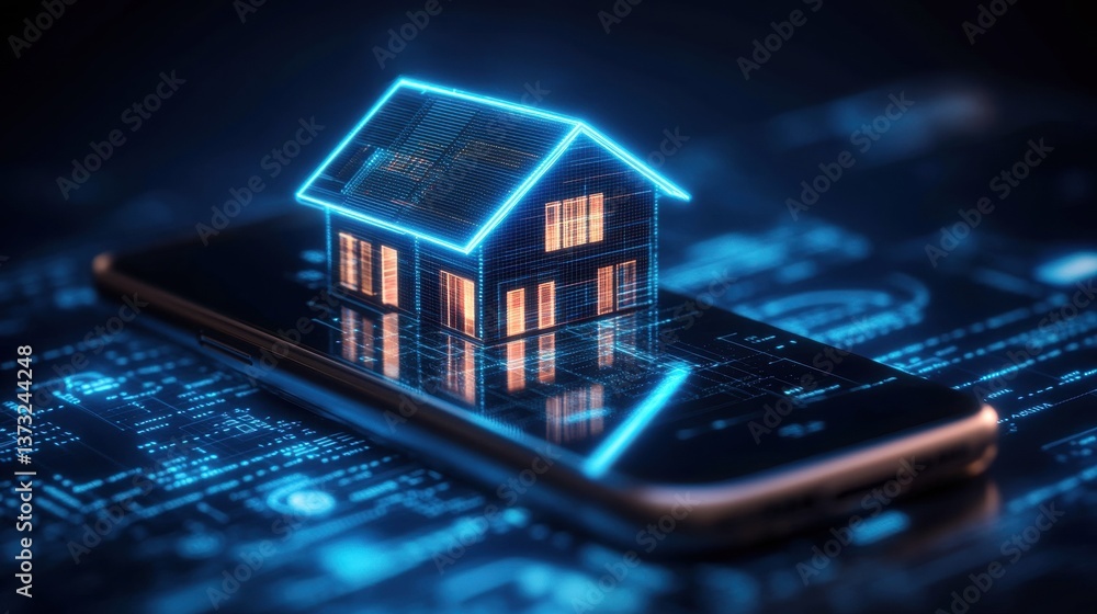 Poster a glowing digital model of smart home technology on smartphone with circuit board background illustr