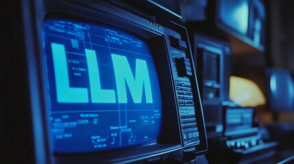 Blue glowing LLM text vintage computer monitor