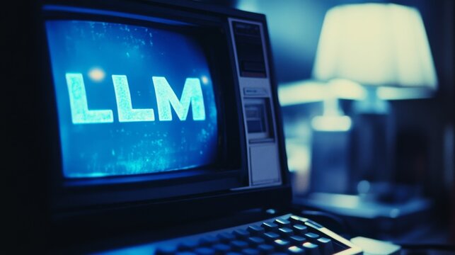 Blue glowing LLM text vintage computer monitor