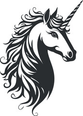 Black and white silhouette of a unicorn with a flowing mane and prominent horn.