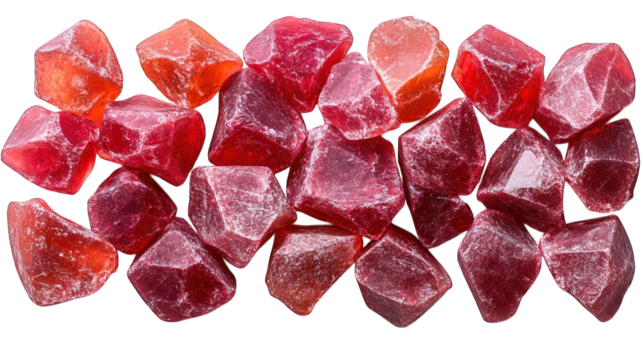 Multiple red gum pieces on a white background