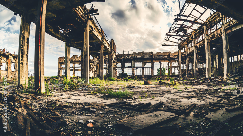 Poster ancient building surrounded by debris and ruins captured in a high-key lighting sci-fi environment.