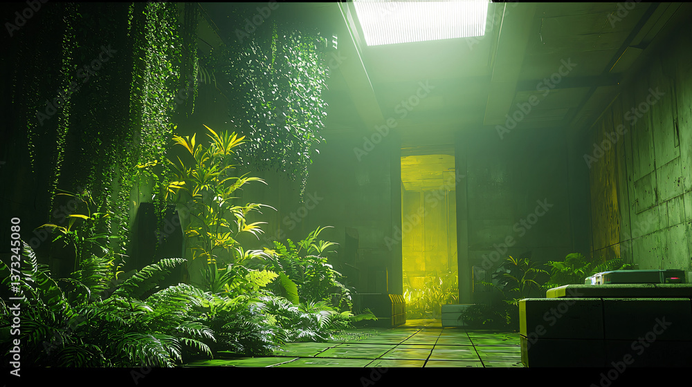 Poster brightly lit room with natural light streaming in creating a soft ambient glow in a sci-fi mechanica