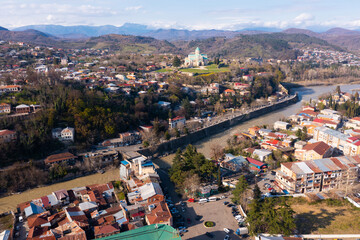 Aerial view of cathedral of the Dormition in the center of Kutaisi city, Georgia