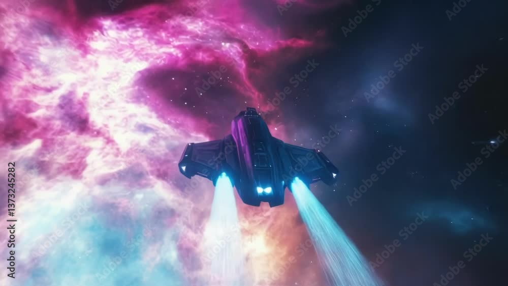 Poster advanced sci fi spaceship gliding through luminous cosmic nebula, generating intense blue energy tra