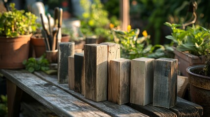 Rustic garden markers on weathered bench in morning light
