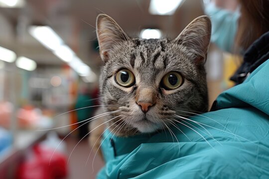 A friendly tabby cat is being held in a veterinarian's arms at a busy clinic during World Veterinary Day. The warm environment showcases compassion for animals