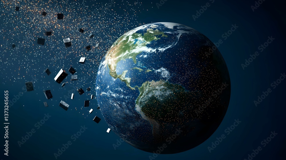 Wall mural a digital rendering depicts earth with numerous small, dark cubic objects and glittering particles d