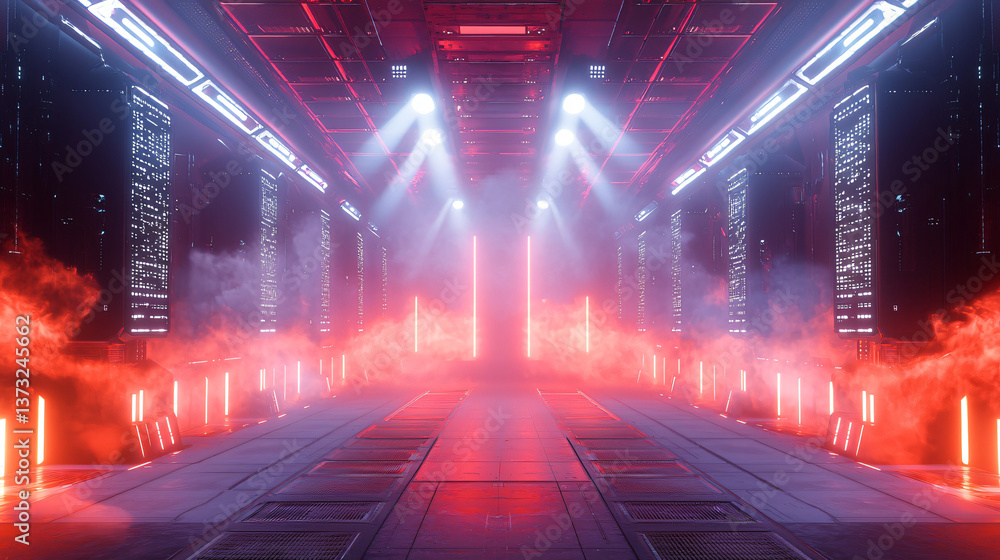 Poster futuristic city illuminated by striking red lights with neural uplink terminals creating a dynamic a