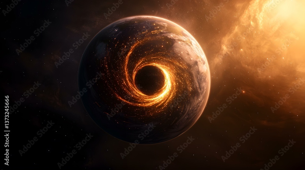 Poster a planet with a swirling vortex of fiery energy at its core, set against a backdrop of a nebula and 