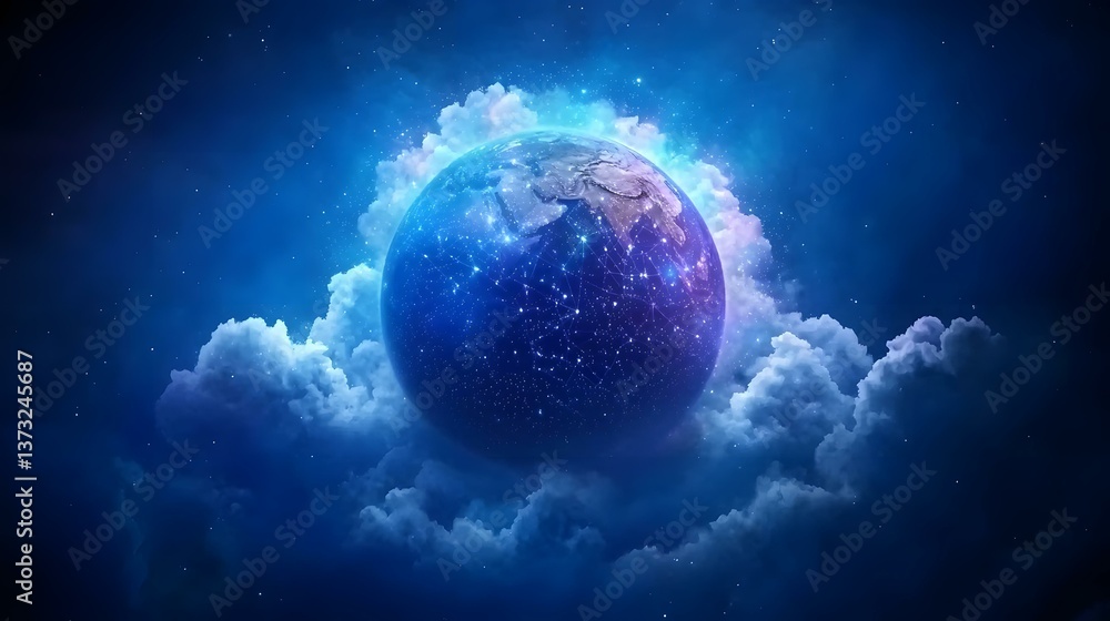 Poster the image shows a glowing earth surrounded by clouds and stars, with connecting lines representing a