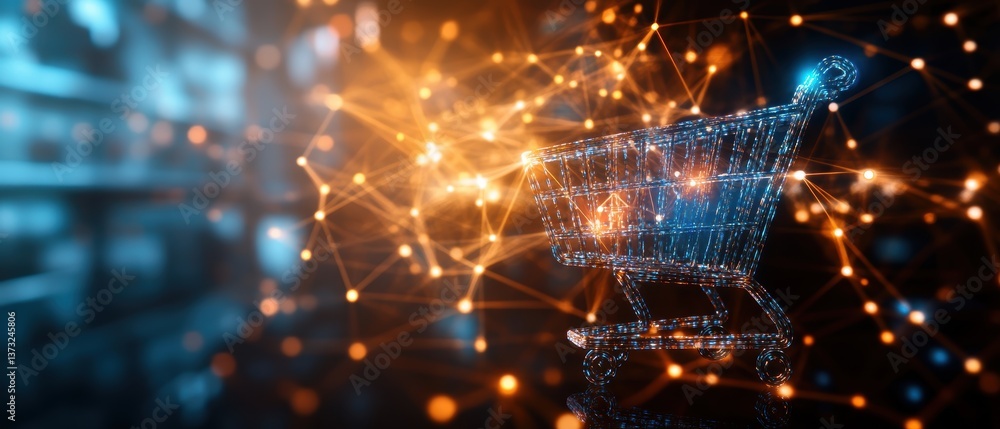 Poster digital rende of an interconnected shopping cart created from light nodes against a blurred backdrop