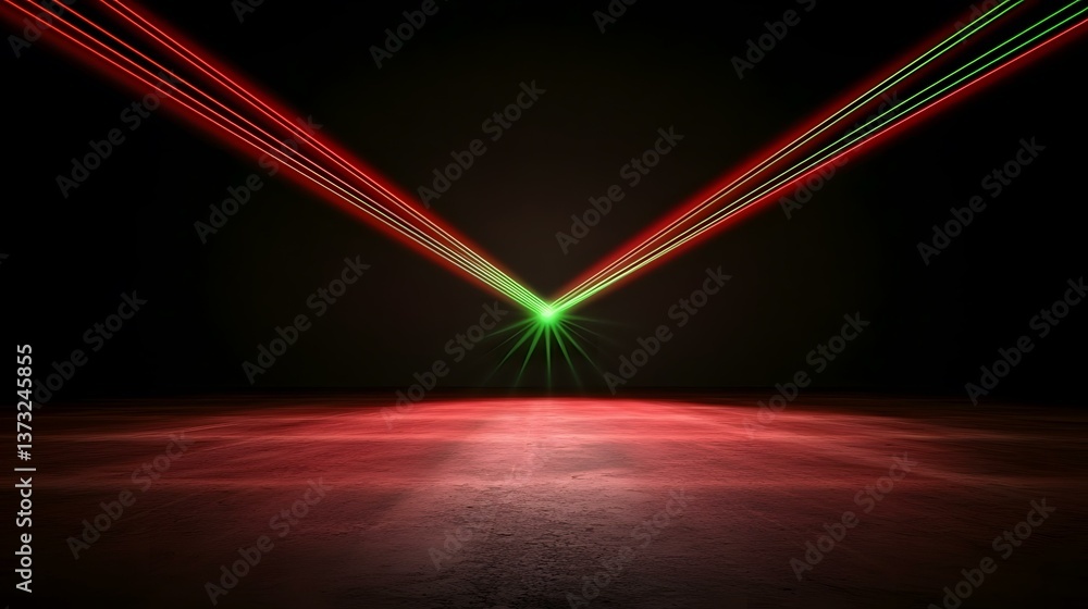 Poster the image contains red and green laser beams converging at a central point on a dark red floor in a 