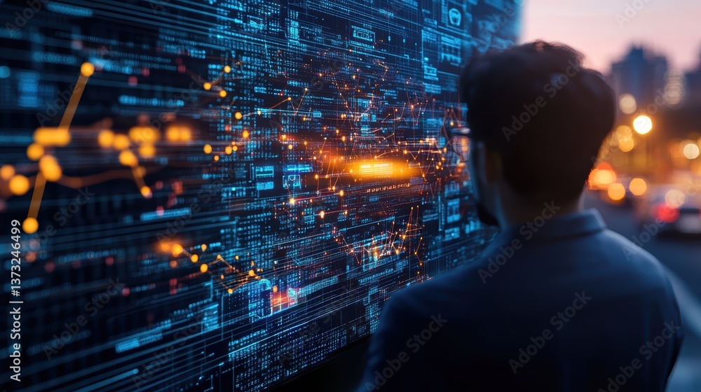 Poster A Man Analyzes Dynamic Data Streams on a Large Digital Screen Displaying Complex Interconnected Networks Against a City Backdrop at Dusk