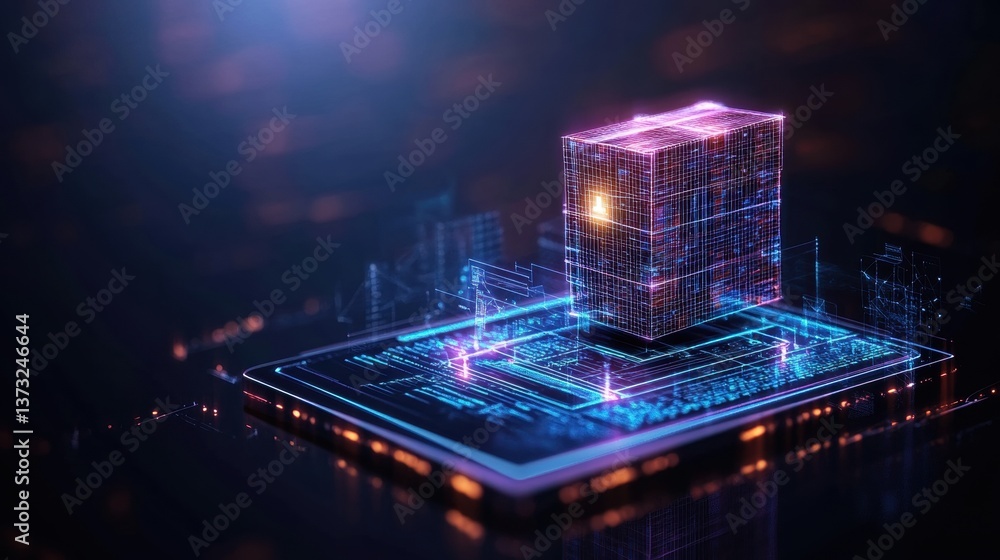 Poster a glowing translucent cube made of interconnected lines and nodes resting on a circuit board in a da