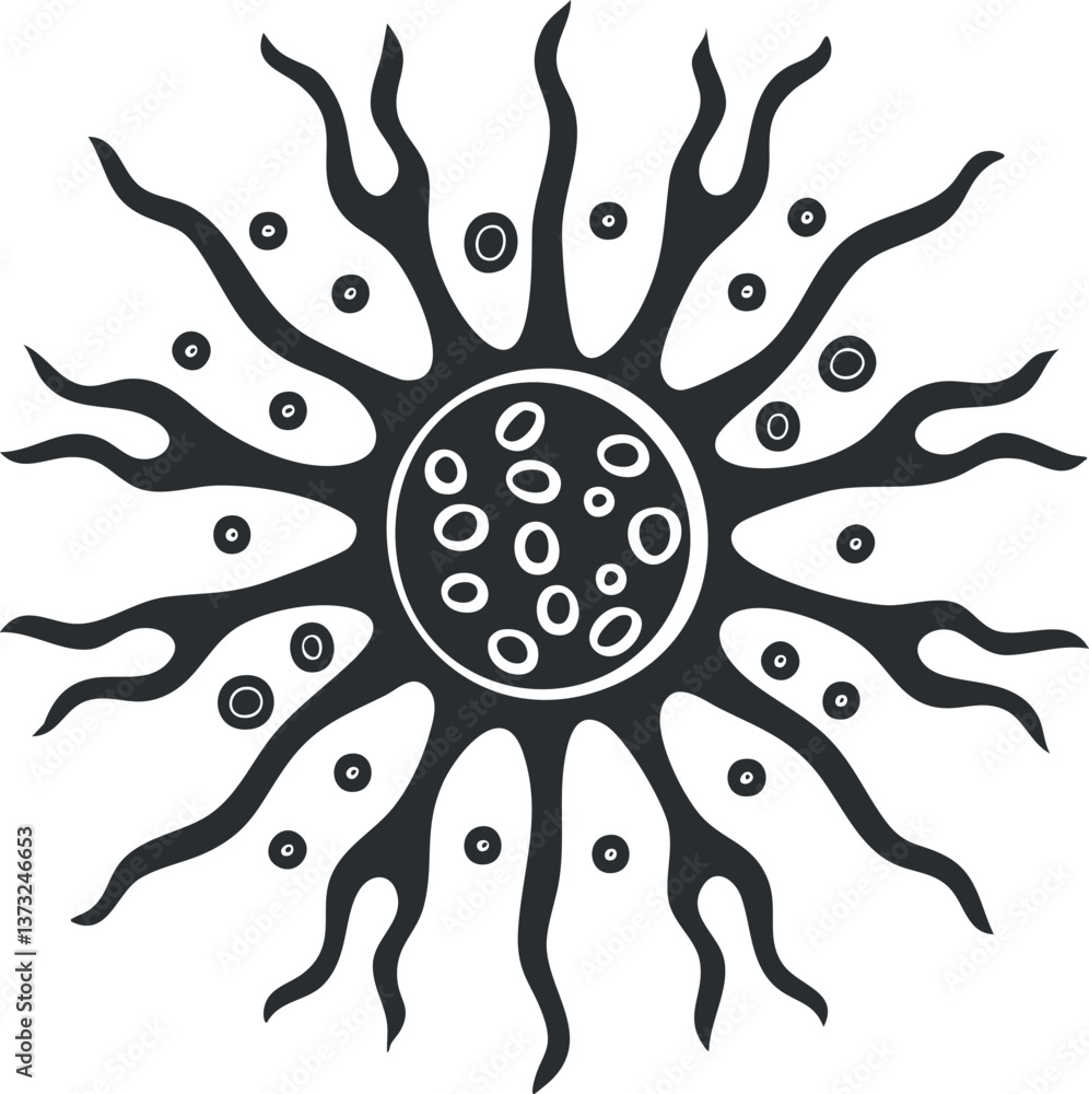Poster Abstract black and white sun symbol with circular pattern and curved extensions.