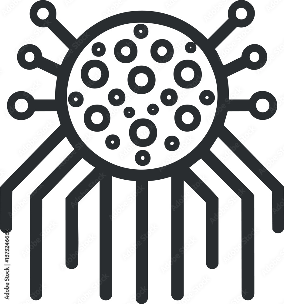 Poster abstract illustration of a virus symbol with digital circuit and network connections.