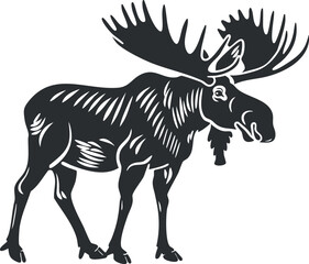 Fototapeta premium Black and white silhouette illustration of a moose with large antlers, highlighting its majesty.