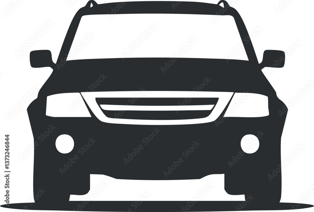 Poster monochrome silhouette of an suv from the front view, highlighting design and structure.