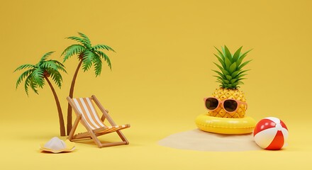 Obraz premium A cool pineapple wearing sunglasses enjoys a sunny beach vacation on a yellow backdrop, relaxing in an inflatable ring near a beach chair and palm trees.