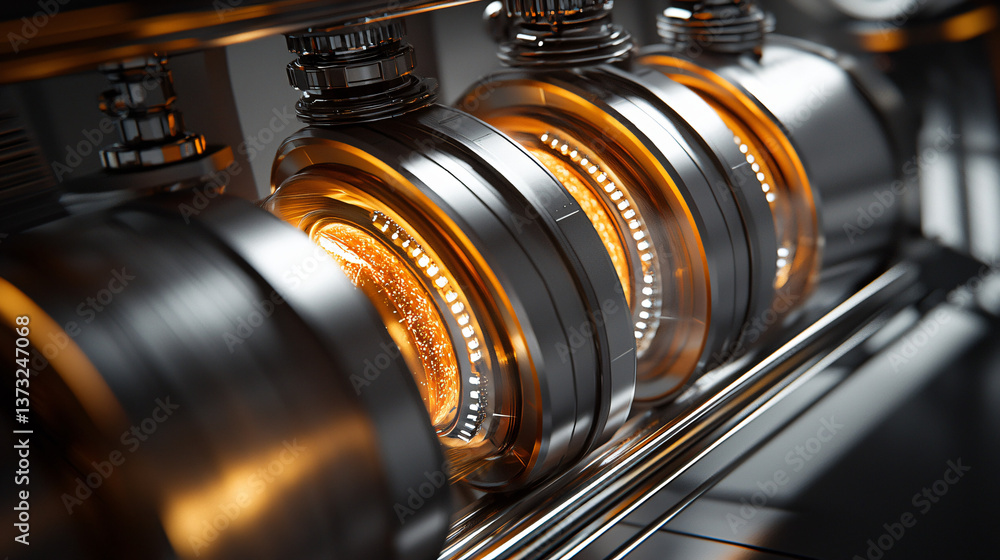 Poster intricate machine surrounded by glimmering gold elements reflecting brilliantly in a high-tech sci-f
