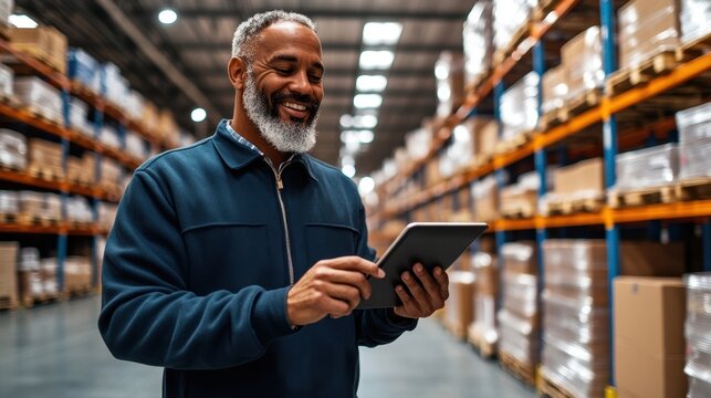 Smiling mature Black man with goatee using tablet in warehouse aisle surrounded by high shelves filled with boxes and storage solutions standing confidently