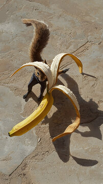 Naklejki Playful Squirrel with Peeled Banana on Beige Ground