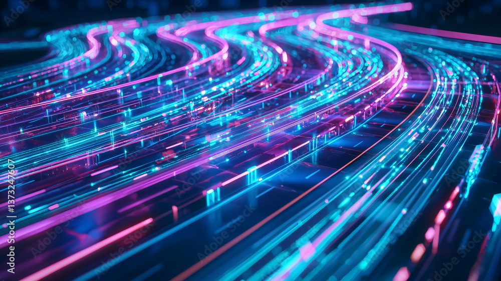 Poster captivating neon tunnel with pulsating lights creating a futuristic atmosphere in a sci-fi environme