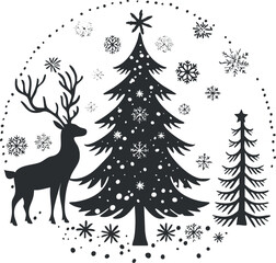 Naklejka premium Silhouette of a festive reindeer and Christmas trees with snowflakes, ideal for holiday decor.