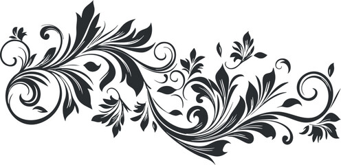 Elegant black and white floral swirl design with intricate decorative patterns and foliage.