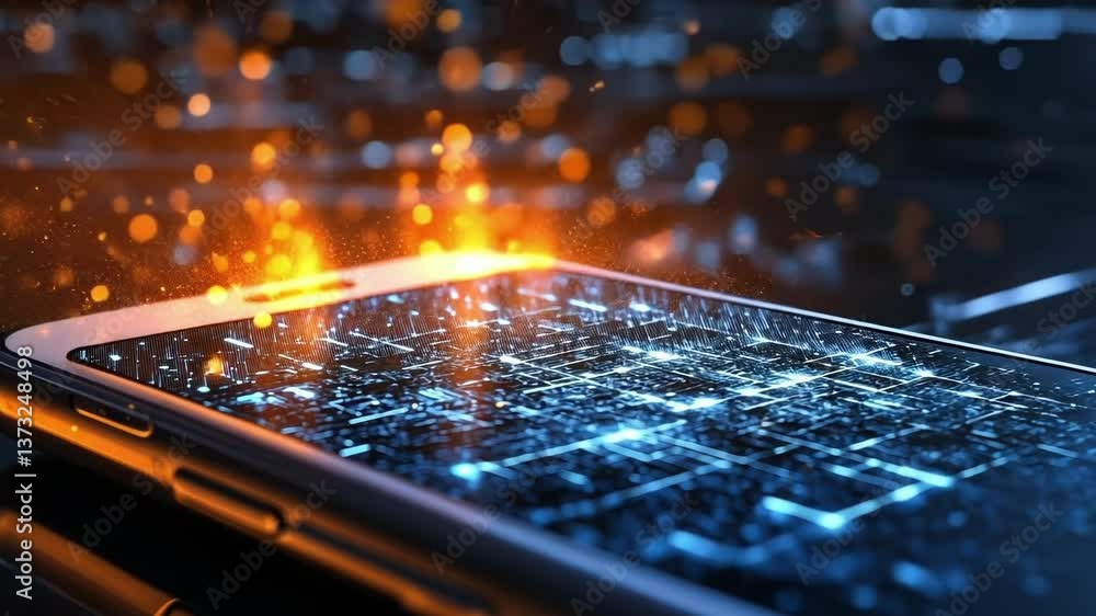 Aufkleber glowing particles and data are flowing out of a smartphone, creating a visual representation of cybe