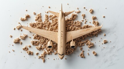 Close-up of a wooden airplane model resting on light brown crumbled material with a white background highlighting the details and textures of objects.