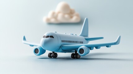 Obraz premium A whical light blue toy airplane resting on a soft blue surface with a gentle blurred cloud-shaped object creating a dreamy playful atmosphere